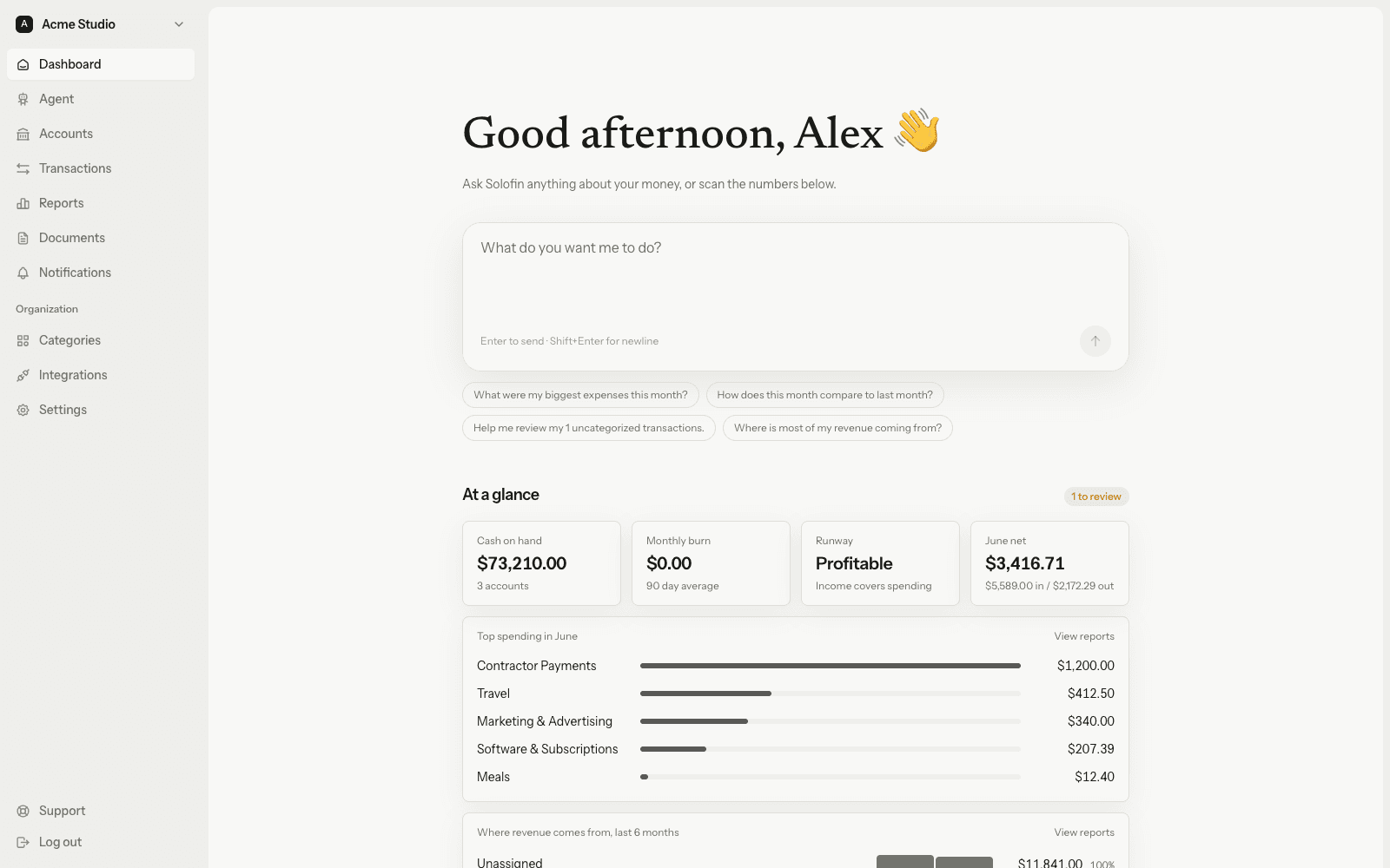 The Solofin dashboard: agent prompt, cash on hand, runway, monthly net, and top spending